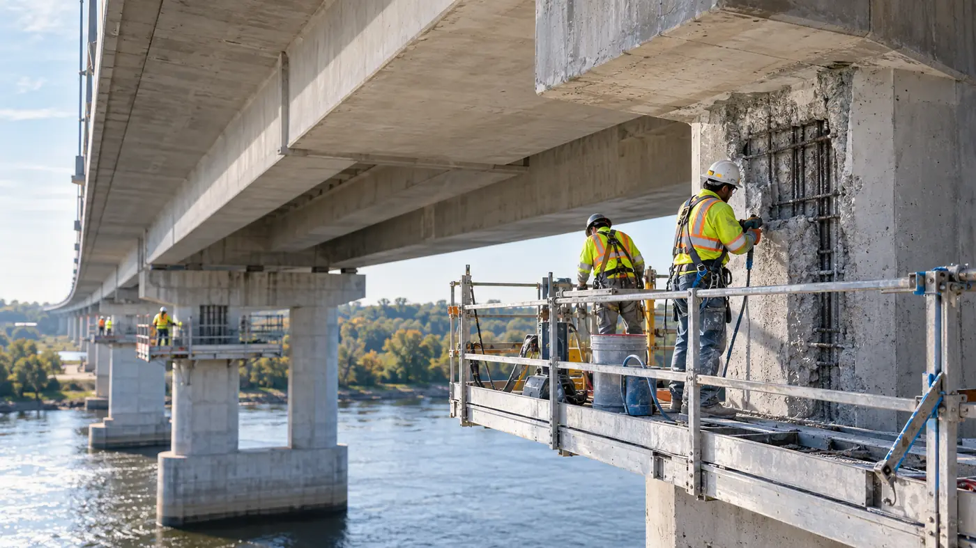 Bridge rehabilitation crew repairing structural concrete on a pier