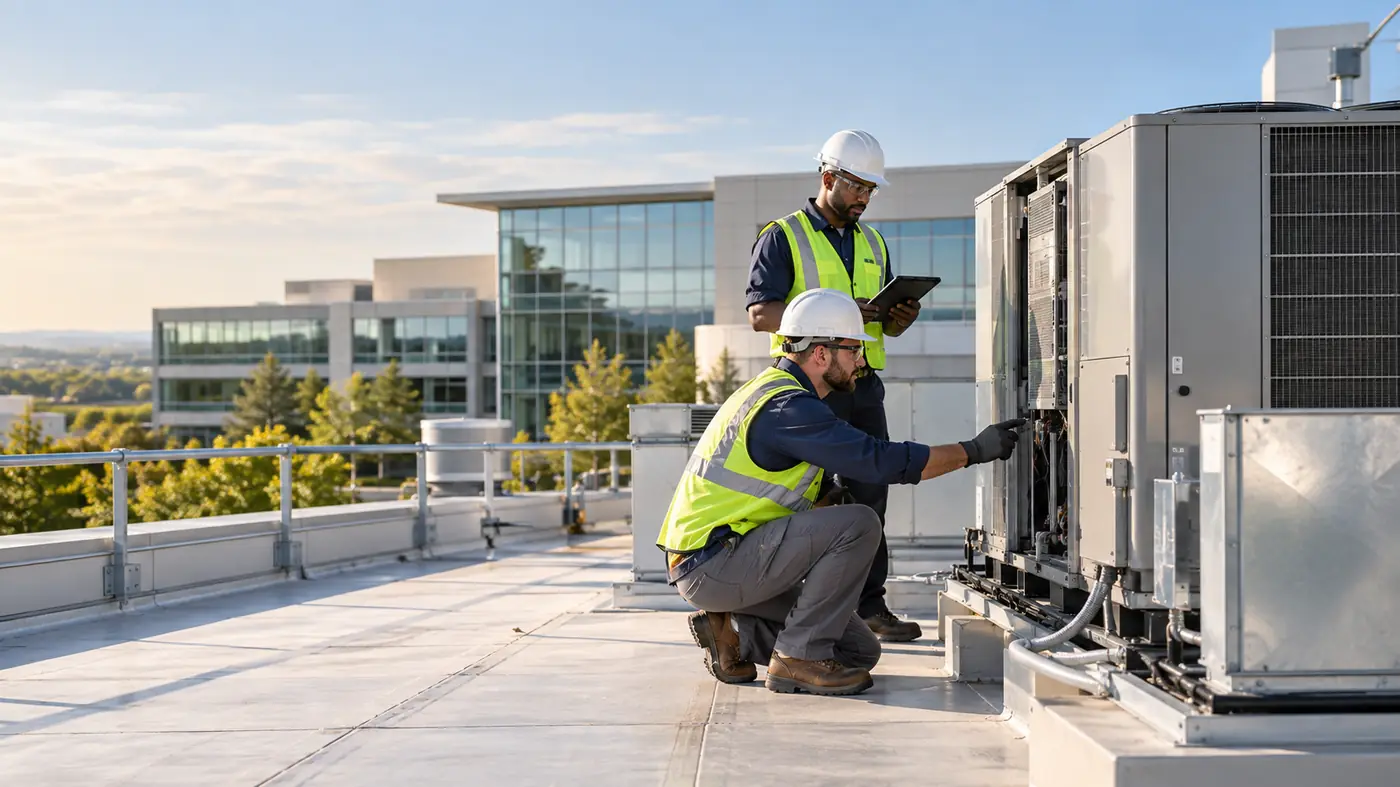 Facilities technicians inspecting rooftop HVAC equipment