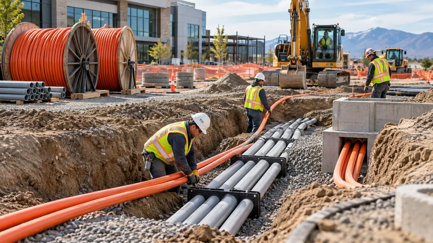 Underground utility crew installing fiber and electric conduit in a trench