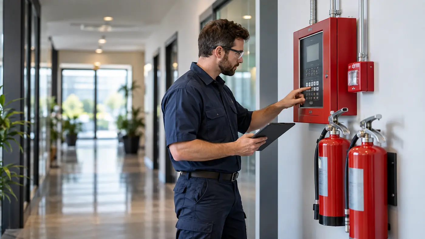 Fire protection technician inspecting a fire alarm panel and extinguishers
