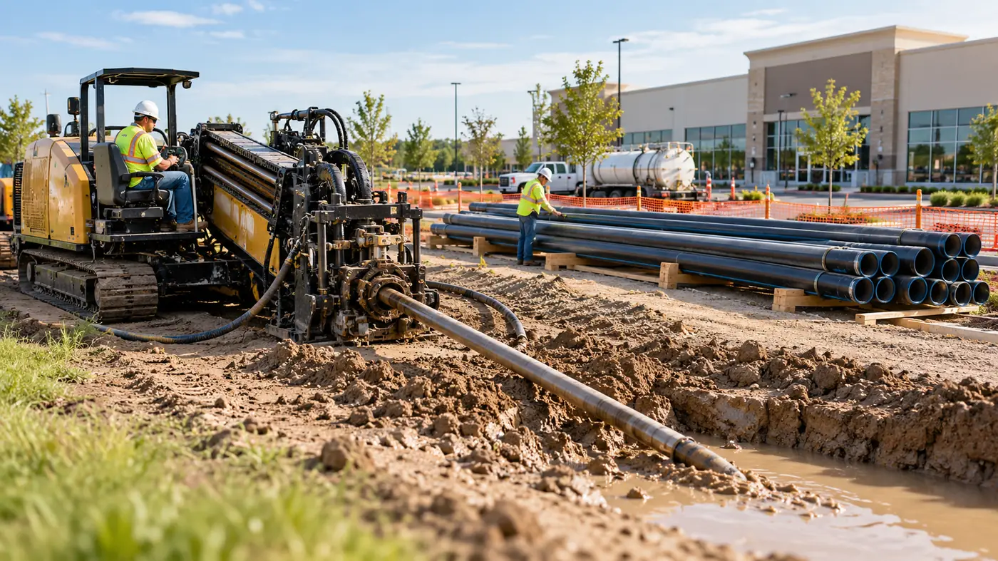 Horizontal directional drilling rig installing utility pipe