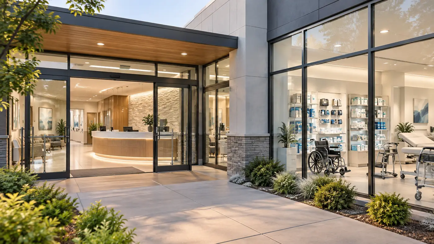 Medical office entrance and medical supply showroom