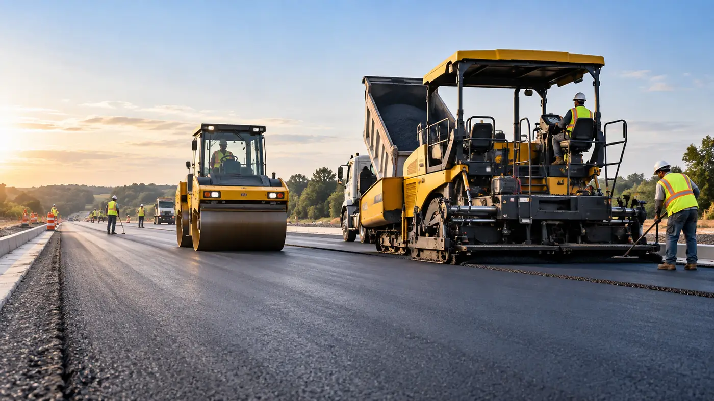 Asphalt paver and roller laying a new road surface in Texas