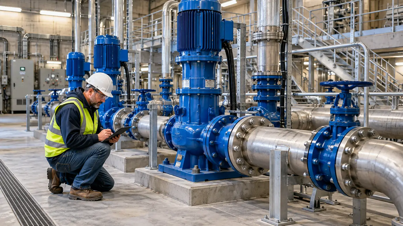 Technician inspecting pumps at a wastewater lift station