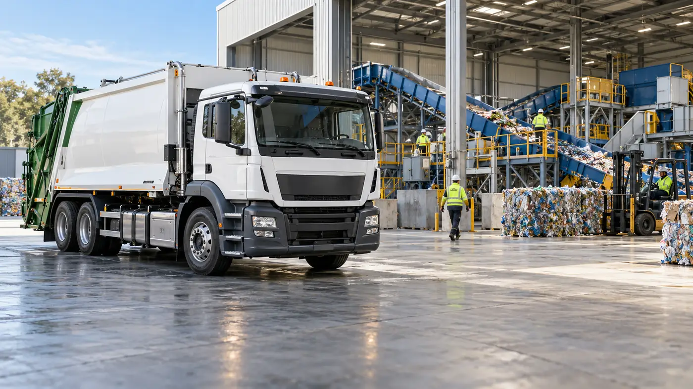 Refuse truck at a recycling material recovery facility