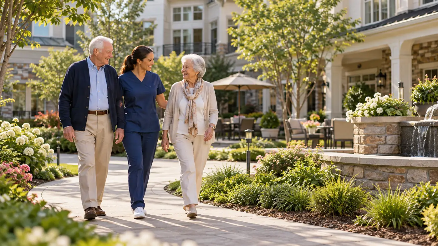 Caregiver walking with residents in a senior living courtyard