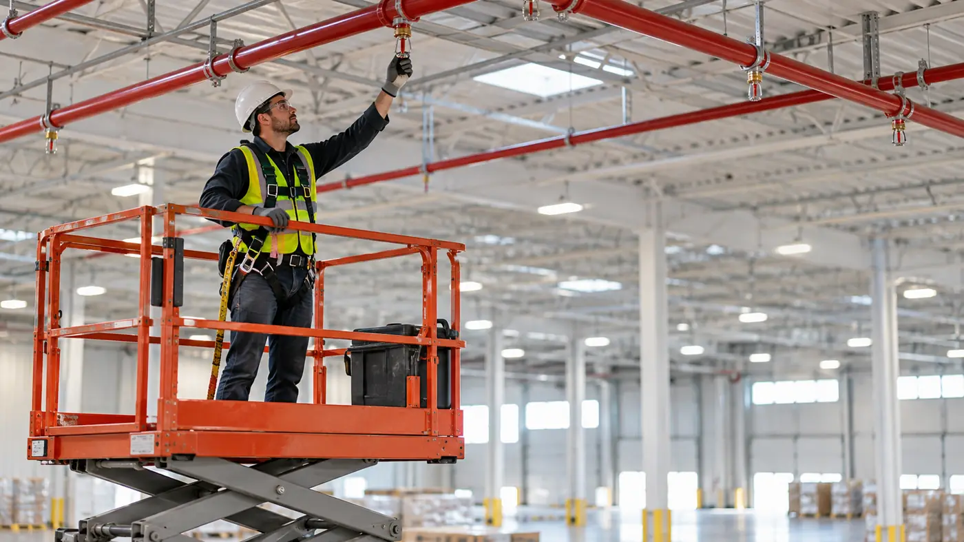 Fire sprinkler inspector checking overhead sprinkler piping from a lift