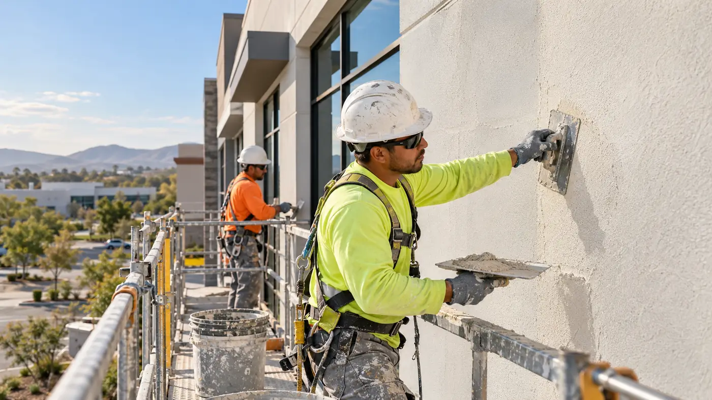 Workers applying stucco to a commercial building facade from scaffolding
