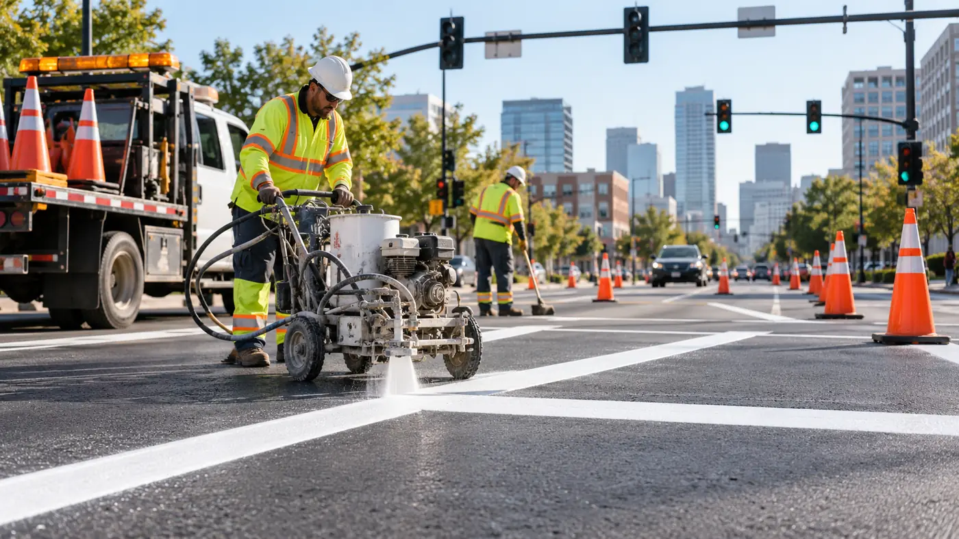 Pavement marking crew striping a signalized intersection in a work zone