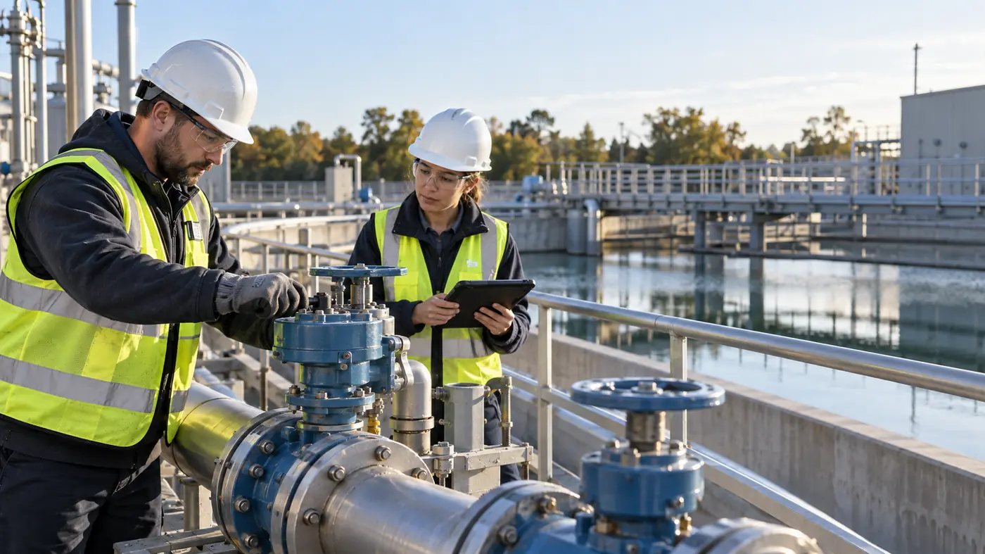 Water operators inspecting valves at a treatment plant