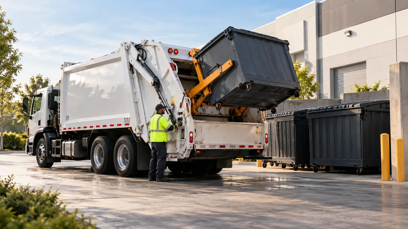Commercial waste collection truck lifting a dumpster